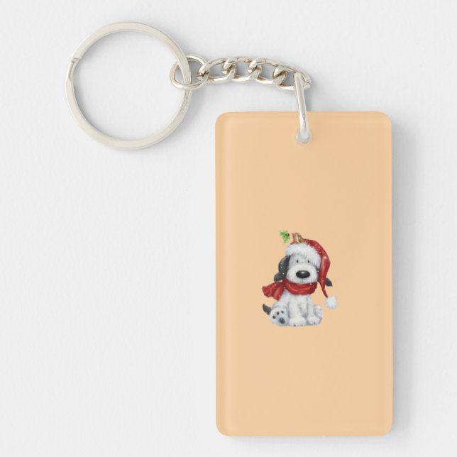 Cute Christmas Dog with Santa Hat & Scarf Key Ring (Front)
