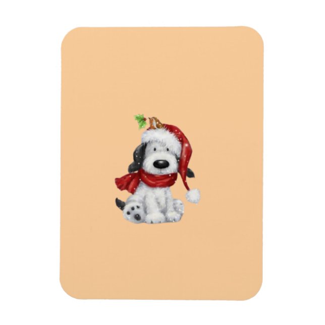 Cute Christmas Dog with Santa Hat & Scarf Magnet (Vertical)
