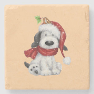 Cute Christmas Dog with Santa Hat & Scarf Stone Coaster