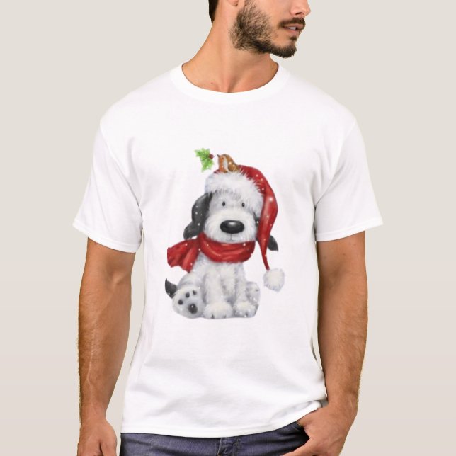 Cute Christmas Dog with Santa Hat & Scarf T-Shirt (Front)