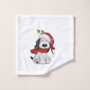 Cute Christmas Dog with Santa Hat & Scarf Wash Cloth
