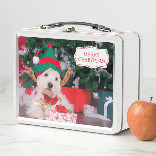 Cute Christmas Dog with Xmas Tree Metal Lunch Box (In Situ)