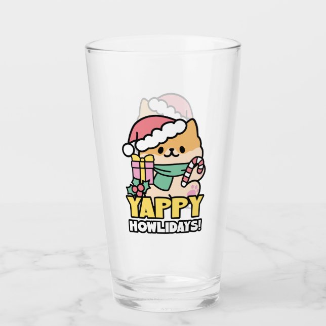 Cute Christmas Dog - Yappy Howlidays  Glass (Front)