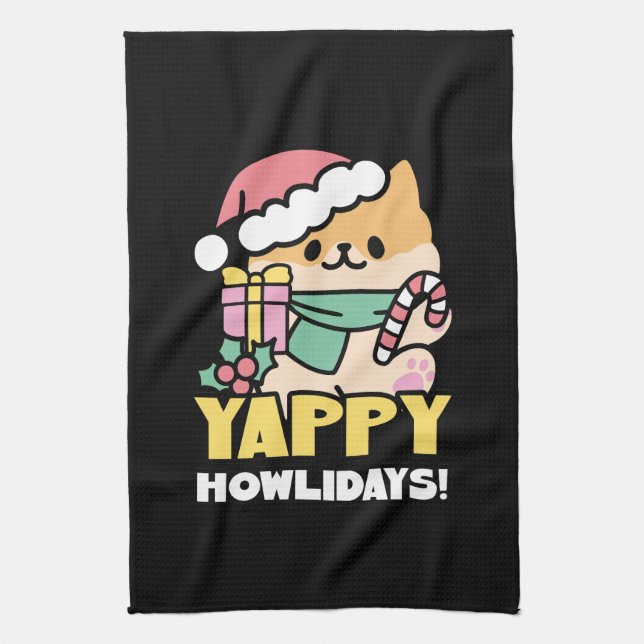 Cute Christmas Dog - Yappy Howlidays  Tea Towel (Vertical)