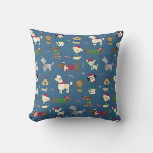 Cute Christmas Dogs Cartoon Pattern in Blue Cushion