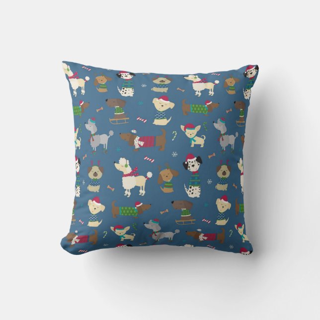 Cute Christmas Dogs Cartoon Pattern in Blue Cushion (Front)