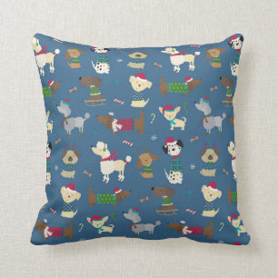 Cute Christmas Dogs Cartoon Pattern in Blue Cushion