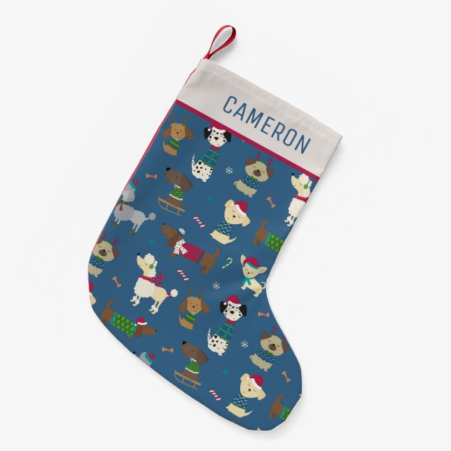 Cute Christmas Dogs Cartoon Pattern in Blue Small Christmas Stocking (Front (Hanging))