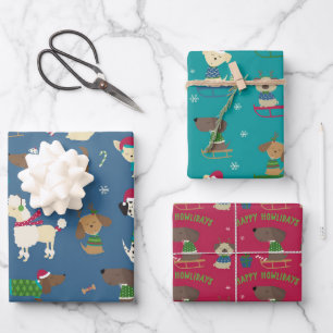 Cute Christmas Dogs Cartoon Pattern Red Blue Wrapping Paper Sheet