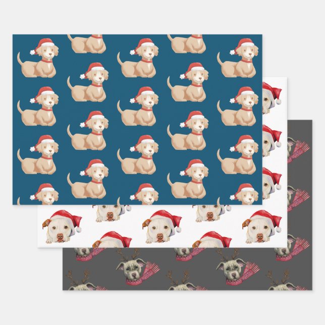 Cute Christmas Dogs Pattern Holiday Wrapping Paper Sheet (Set)