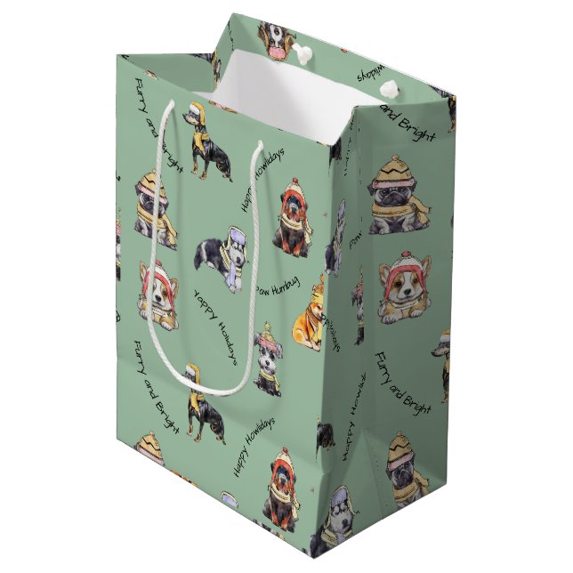 Cute Christmas Dogs Pattern Illustrated Holiday  Medium Gift Bag (Front Angled)