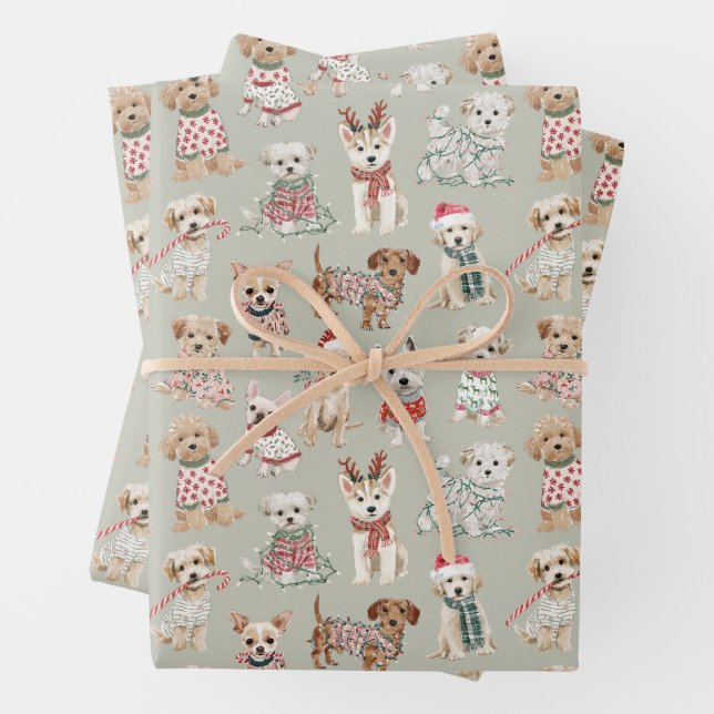Cute Christmas Dogs Wrapping Paper Sheet (In situ)