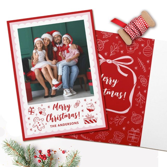 Cute Christmas Doodles Holiday Photo (Personalize this cute whimsical hand drawn photo Christmas Card with your photo and name.)
