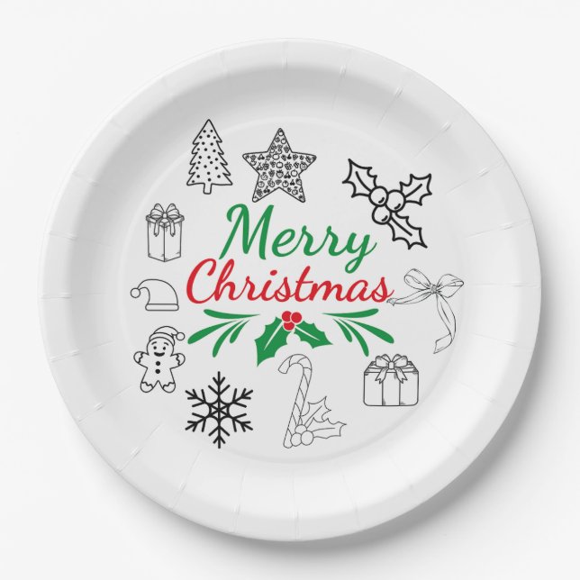 Cute Christmas Doodles paper plates (Front)