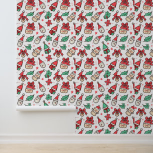 Cute Christmas Doodles Pattern with Santa Hats Wallpaper
