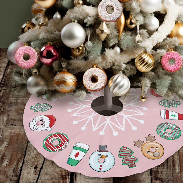 Cute Christmas Doughnuts & Coffee I Snowflake I Pi Brushed Polyester Tree Skirt (Pink & Red Christmas donuts & coffee snowflake tree skirt, baking it bright, santa, snowman, tree)