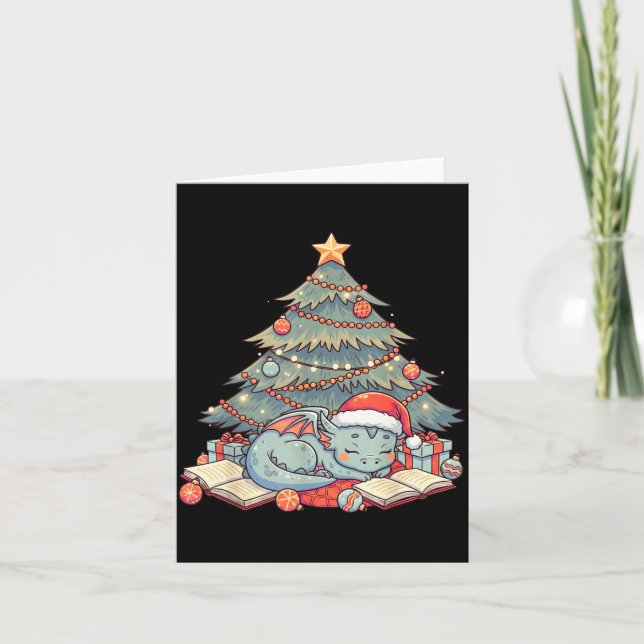 Cute Christmas Dragon Sleeng Under Tree Books Love Card (Front)