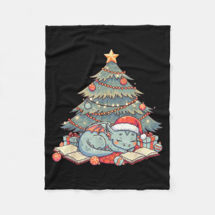 Cute Christmas Dragon Sleeng Under Tree Books Love Fleece Blanket