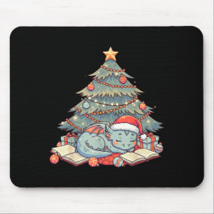 Cute Christmas Dragon Sleeng Under Tree Books Love Mouse Pad