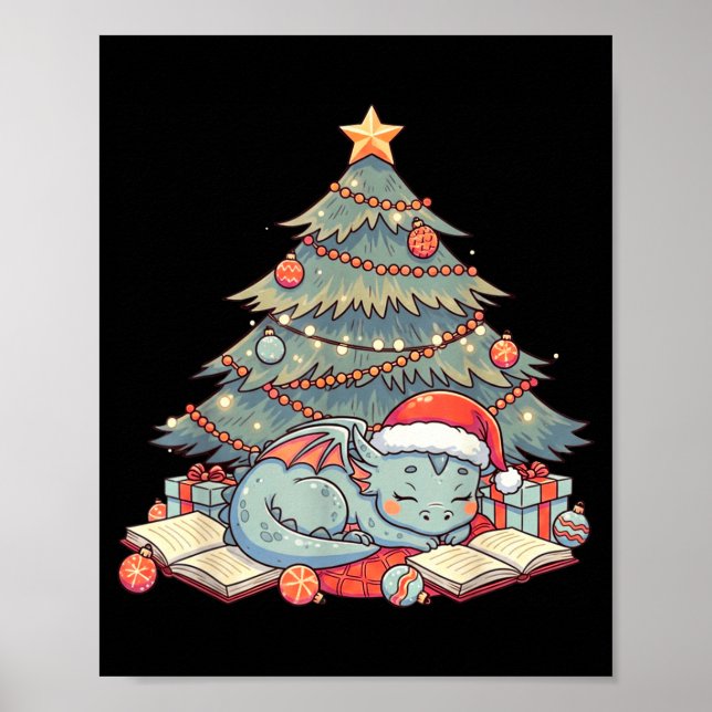 Cute Christmas Dragon Sleeng Under Tree Books Love Poster (Front)