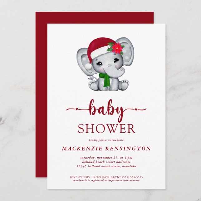 Cute Christmas Elephant Baby Shower Invitation (Front/Back)