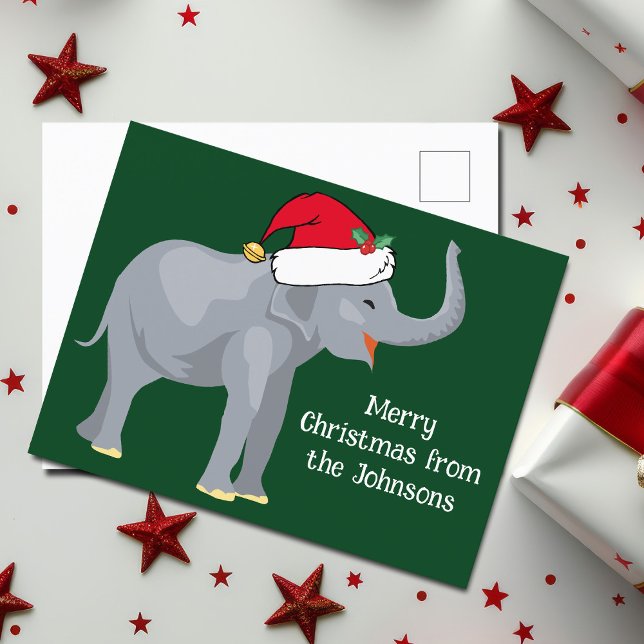 Cute Christmas Elephant in Santa Claus Hat Green Postcard (Creator Uploaded)