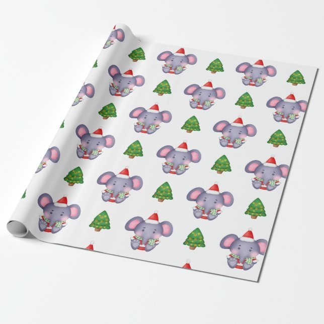 Cute Christmas Elephants and Christmas Trees Wrapping Paper (Unrolled)