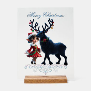 Cute Christmas elf and dark reindeer. Acrylic Sign