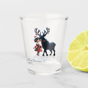 Cute Christmas elf and dark reindeer. Shot Glass