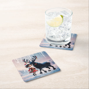 Cute Christmas elf and dark reindeer. Square Paper Coaster