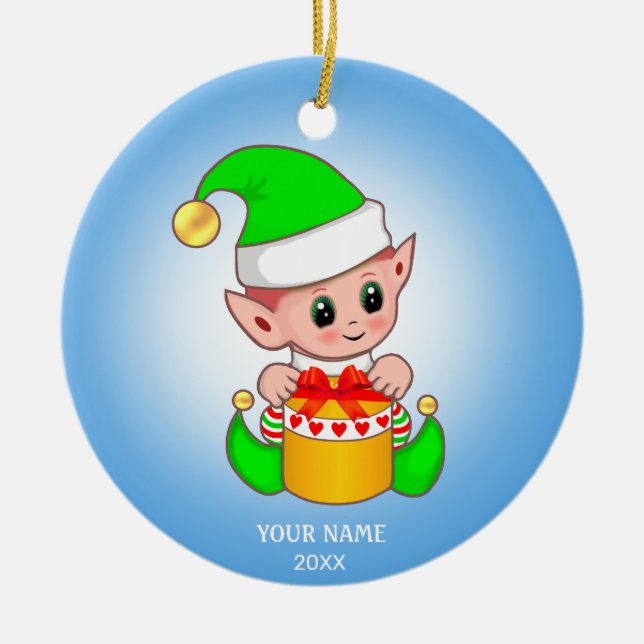 Cute Christmas elf and your text Ceramic Ornament (Front)