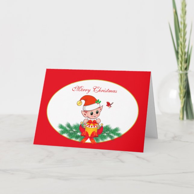 Cute Christmas Elf & Bird on Red & White Holiday Card (Front)