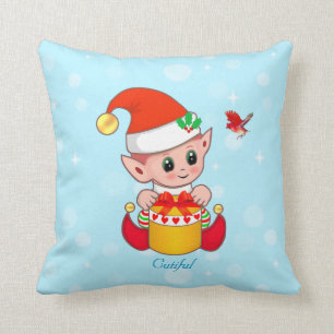 Cute Christmas Elf & Cardinal Bird on Turquoise Cushion