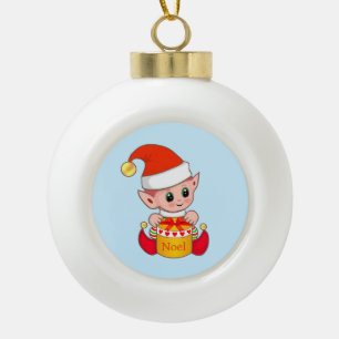 Cute Christmas Elf Ceramic Ball Christmas Ornament