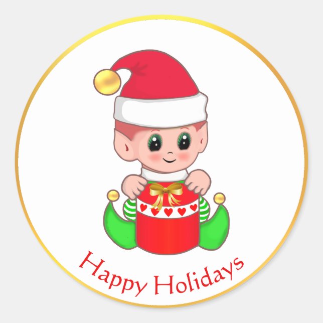 Cute Christmas Elf Classic Round Sticker (Front)