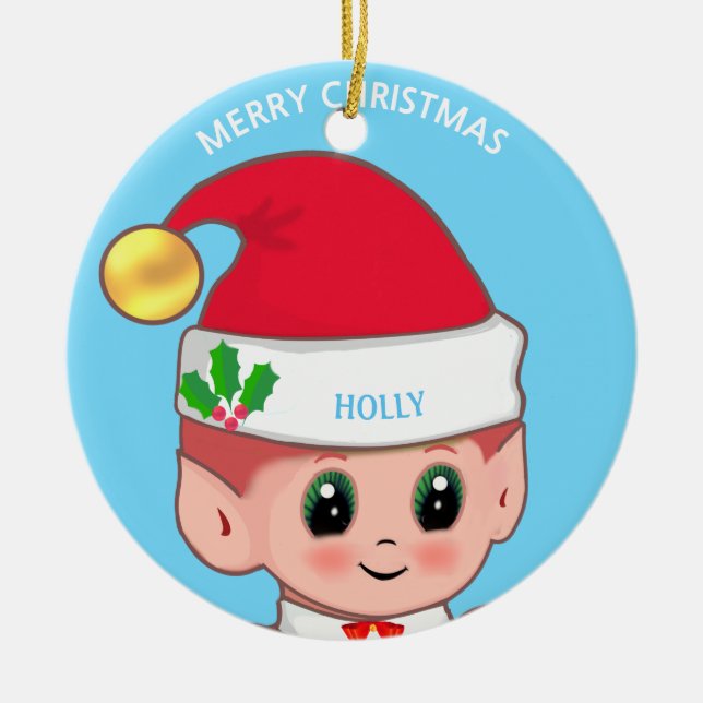 Cute Christmas Elf & Custom Name on Light Blue Ceramic Ornament (Front)