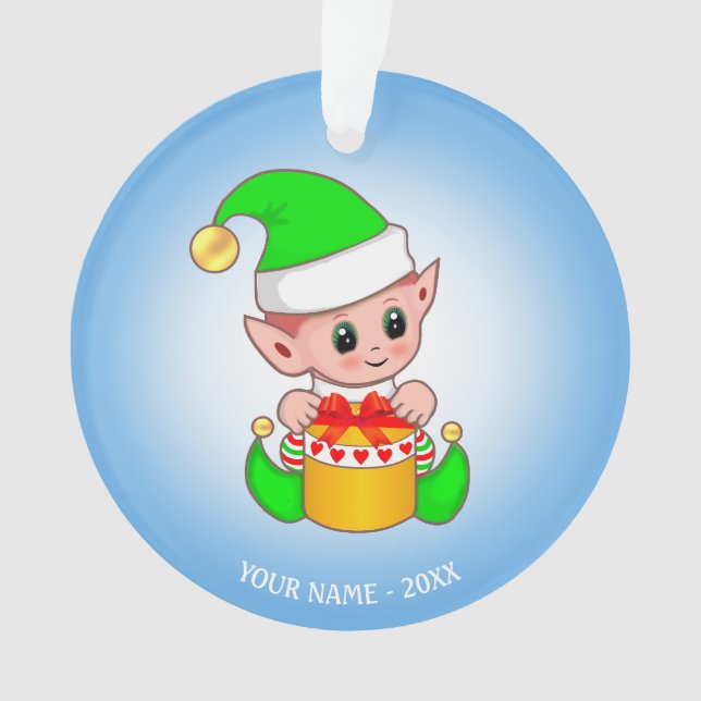 Cute Christmas Elf, Custom Name on Light Blue Ornament (Front)