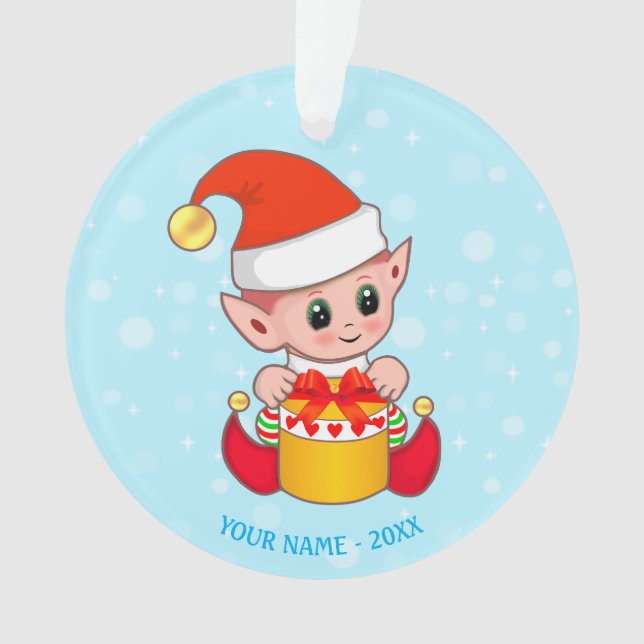 Cute Christmas Elf, Custom Name on Light Blue Ornament (Front)
