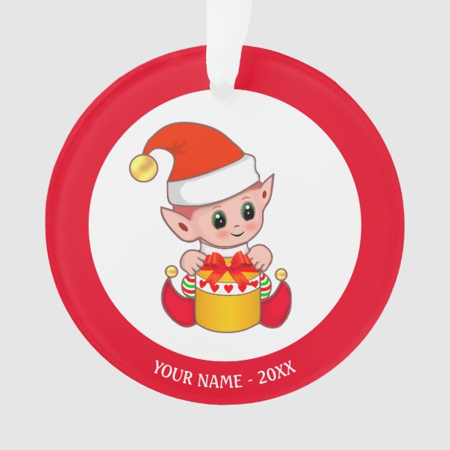 Cute Christmas Elf, Custom Name on Red & White Ornament (Front)