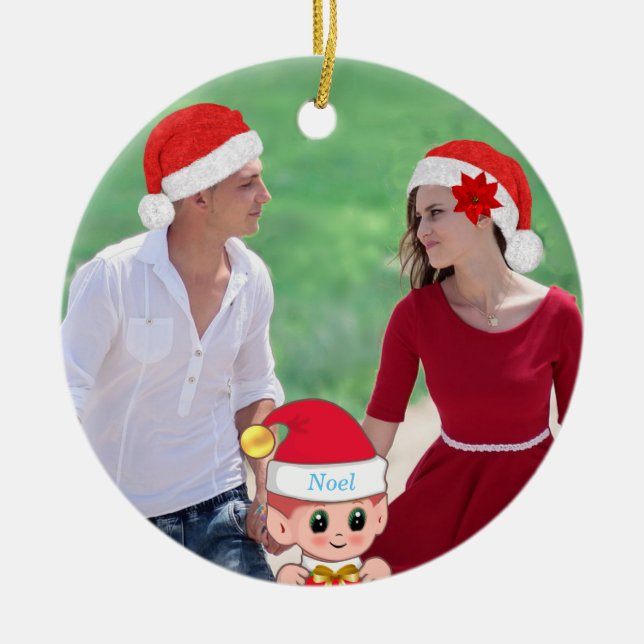 Cute Christmas Elf & Custom Photo Ceramic Ornament (Front)