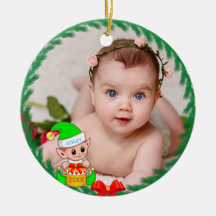 Cute Christmas Elf & Custom Photo Ceramic Ornament