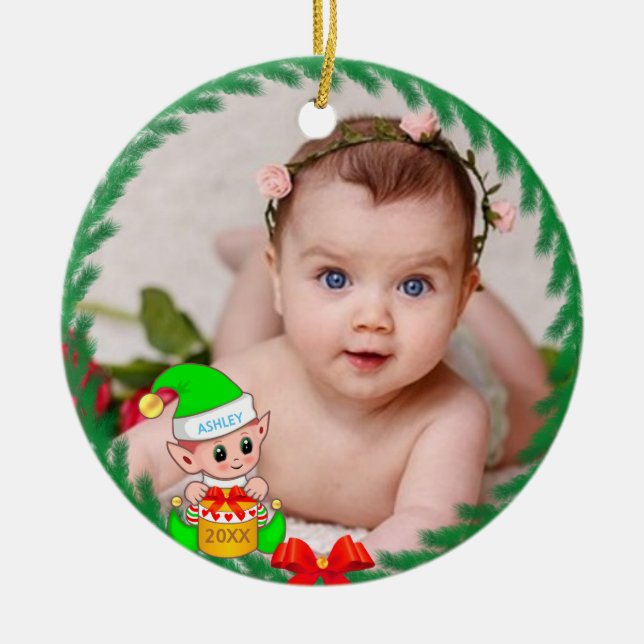 Cute Christmas Elf & Custom Photo Ceramic Ornament (Front)