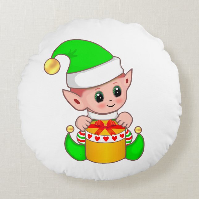 Cute Christmas Elf  Dressed in Green Round Cushion (Front)