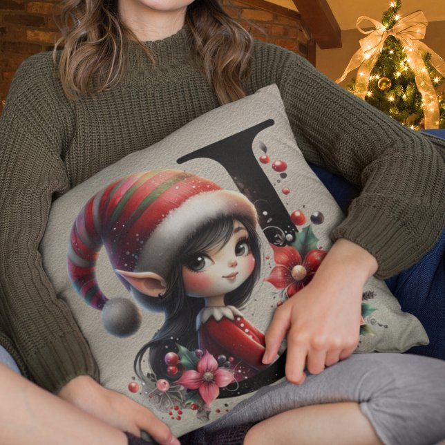 Cute Christmas Elf Festive J Faux Tan Leather Cushion (Creator Uploaded)