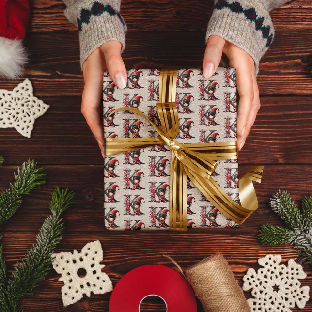 Cute Christmas Elf Festive Letter K Wrapping Paper (Creator Uploaded)