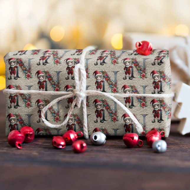 Cute Christmas Elf Festive Letter N Wrapping Paper (Creator Uploaded)