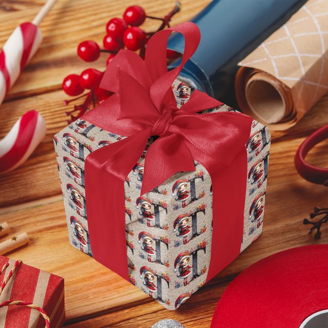 Cute Christmas Elf Festive Letter T Wrapping Paper (Creator Uploaded)