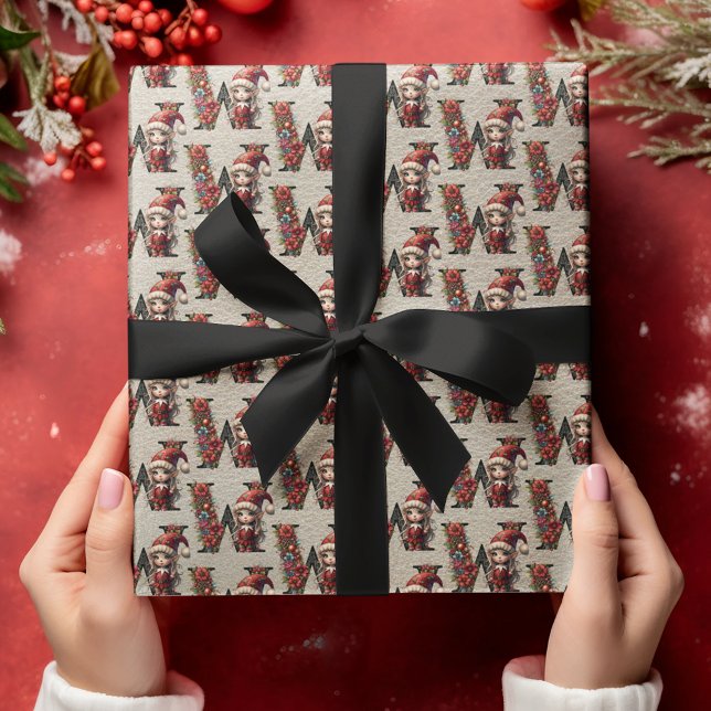 Cute Christmas Elf Festive Letter W Wrapping Paper (Creator Uploaded)