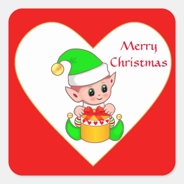 Cute Christmas Elf & Gift Box on Red & White Square Sticker (Front)