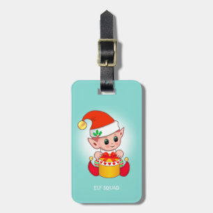 Cute Christmas Elf & Gift Box on Teal Luggage Tag